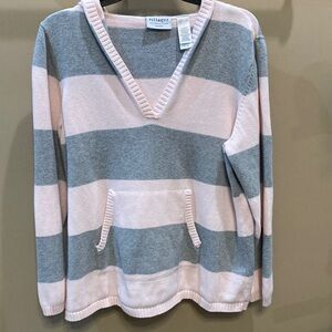 Villager Women's V-Neck Sweater in Pink and Gray Stripes. With hood